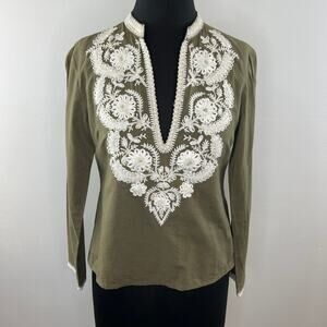 Sharon Gill Olive Green & White Embroidered Split Neck Long Sleeve Blouse Top XS